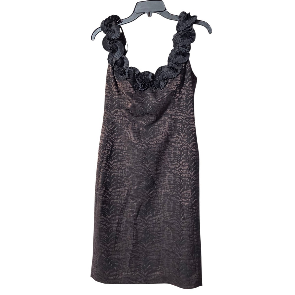 Maggy London Women 4 Sheath Dress Brown Black Animal Print Ruffle Neck Jacquard